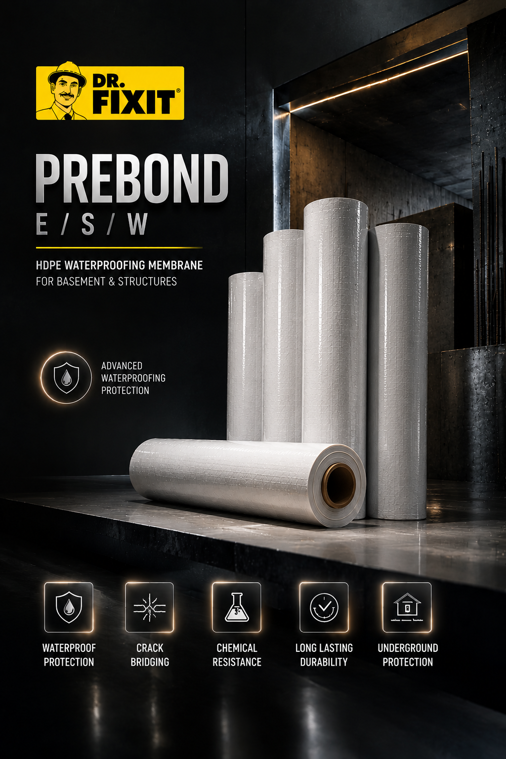 Dr Fixit Prebond ESW pre-applied waterproofing membrane — foundation basement tunnel waterproofing chemical shield Dr Fixit India

