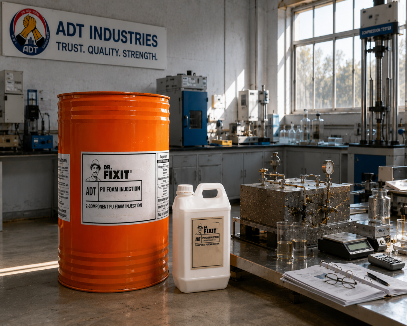 Polyurethane foam injection grout Dr. Fixit PU Foam Injection being injected into actively leaking concrete crack — rapid expansion leakage stopping India
