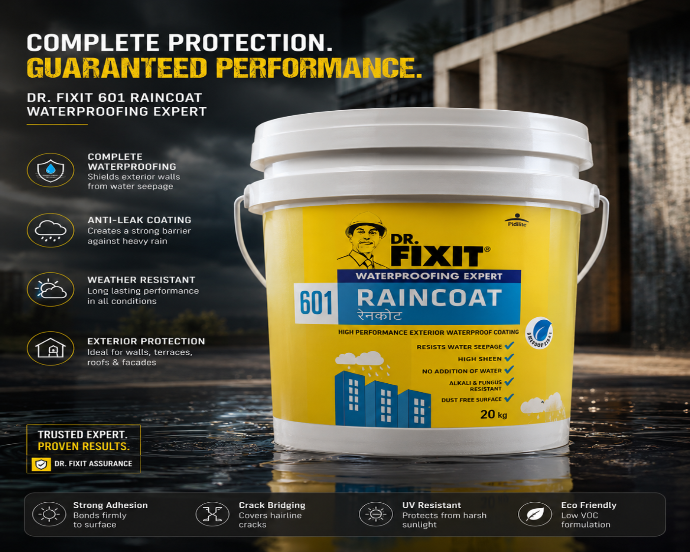 Shop Dr. Fixit RAINCOAT — India's trusted elastomeric waterproof coating for exterior wall waterproofing, wall seepage & leakage. Fast shipping India.