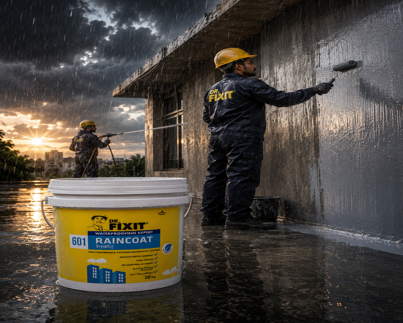 Dr. Fixit RAINCOAT — flagship acrylic polymer wall waterproofing chemical that stops wall leakage and rain penetration on building facades India
