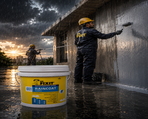 Dr. Fixit RAINCOAT — flagship acrylic polymer wall waterproofing chemical that stops wall leakage and rain penetration on building facades India
