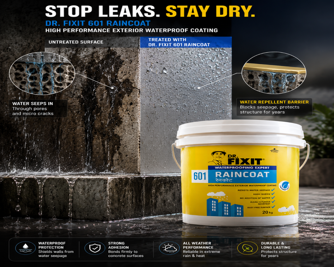 Dr. Fixit RAINCOAT elastomeric coating — seamless wall waterproofing solution preventing wall seepage and moisture ingress on facades
