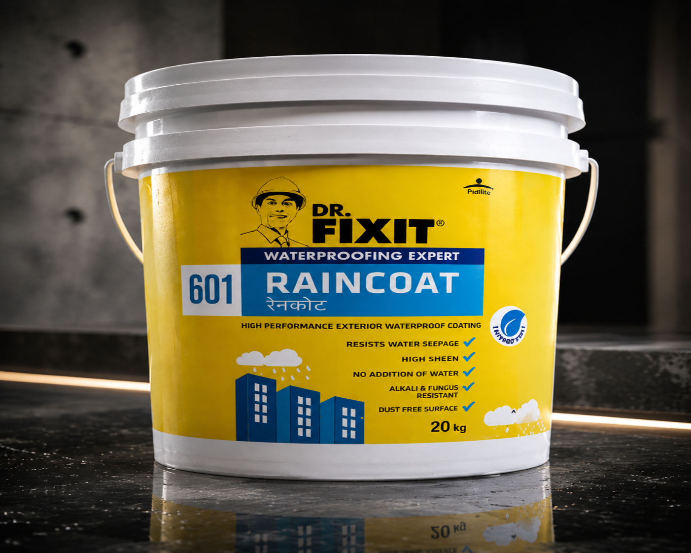 Dr. Fixit RAINCOAT — durable acrylic elastomeric waterproofing chemical for wall leakage solution and long-term exterior wall protection India
