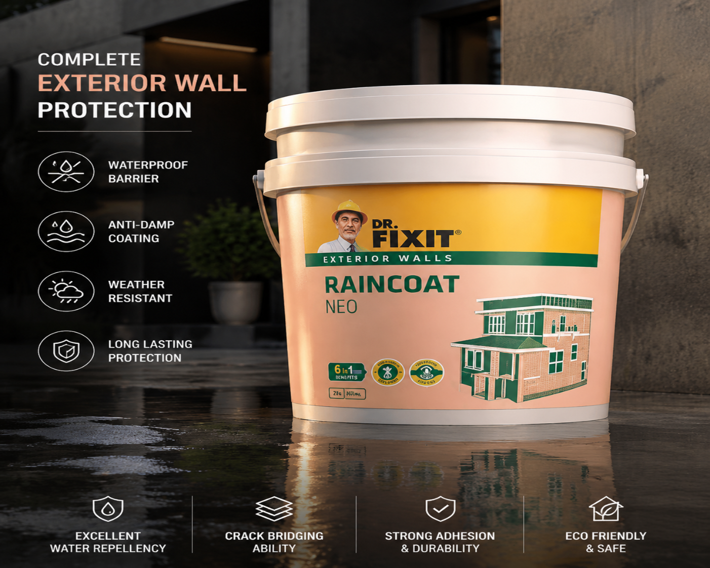 DR. FIXIT RAINCOAT Neo — elastomeric waterproof coating for exterior wall waterproofing and wall seepage solution India
