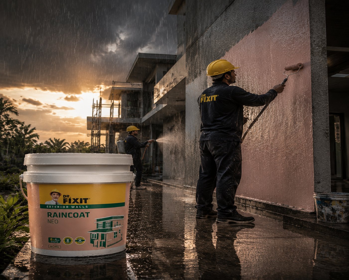 Dr. Fixit RAINCOAT Neo — acrylic polymer waterproof coating that bridges hairline cracks and stops wall leakage on exterior facades
