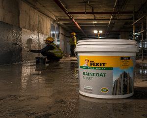 Dr. Fixit RAINCOAT Select — high-elongation acrylic polymer wall waterproofing chemical stopping wall leakage on building facades India
