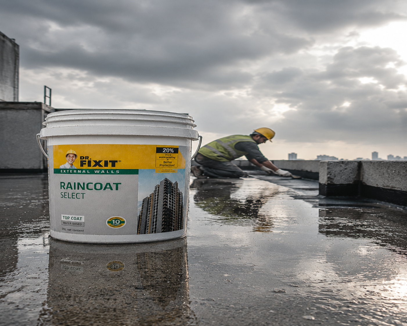 Dr. Fixit RAINCOAT Select — advanced UV resistant waterproof coating for exterior walls, concrete and plastered surfaces across India
