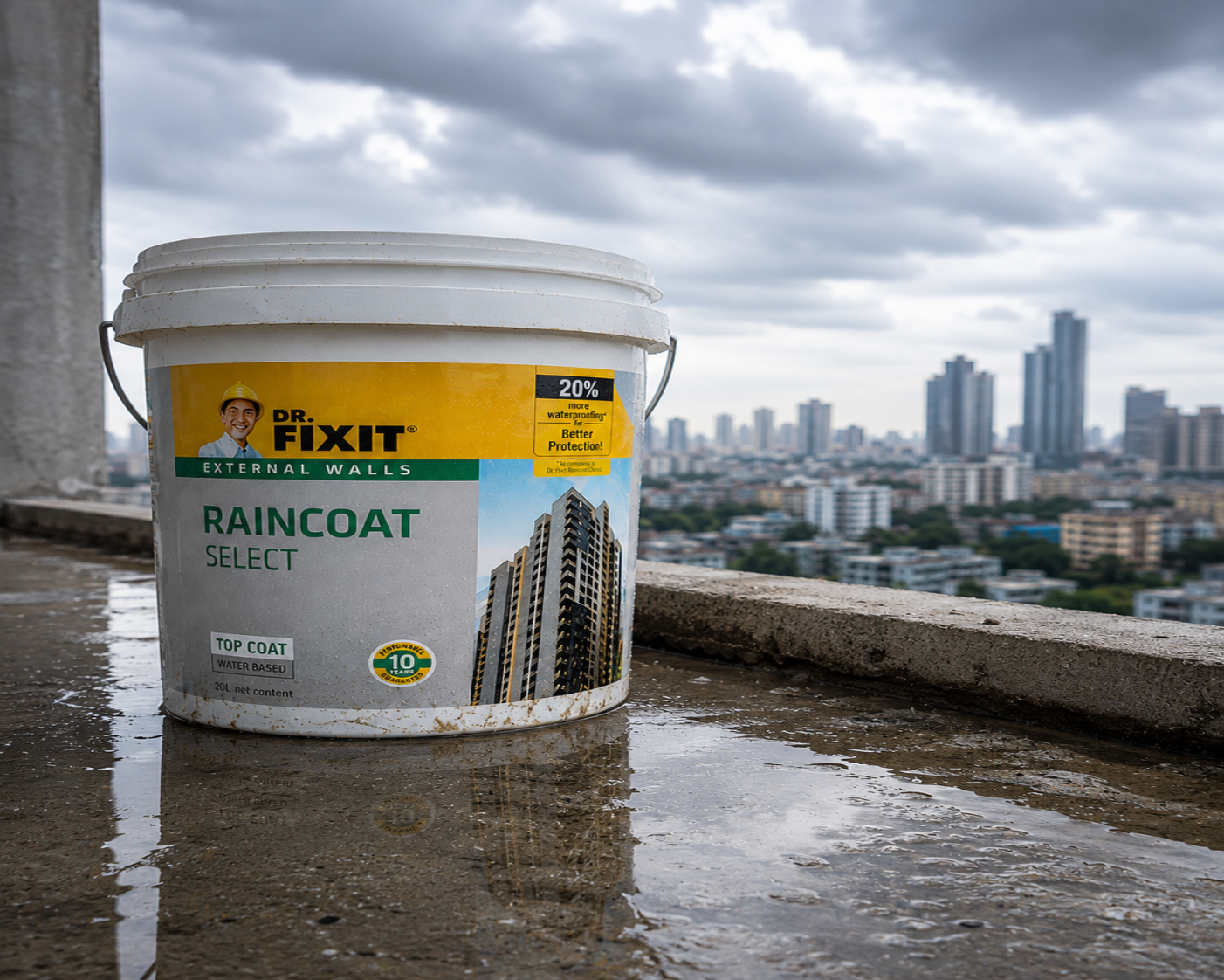 Dr. Fixit RAINCOAT Select elastomeric coating — seamless premium wall waterproofing solution preventing wall seepage and moisture ingress
