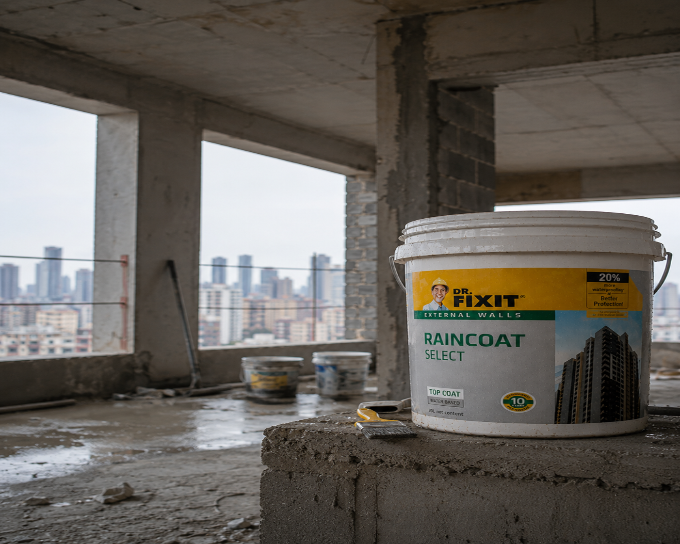 Dr. Fixit RAINCOAT Select — durable acrylic elastomeric waterproofing chemical for wall leakage solution and superior facade protection India
