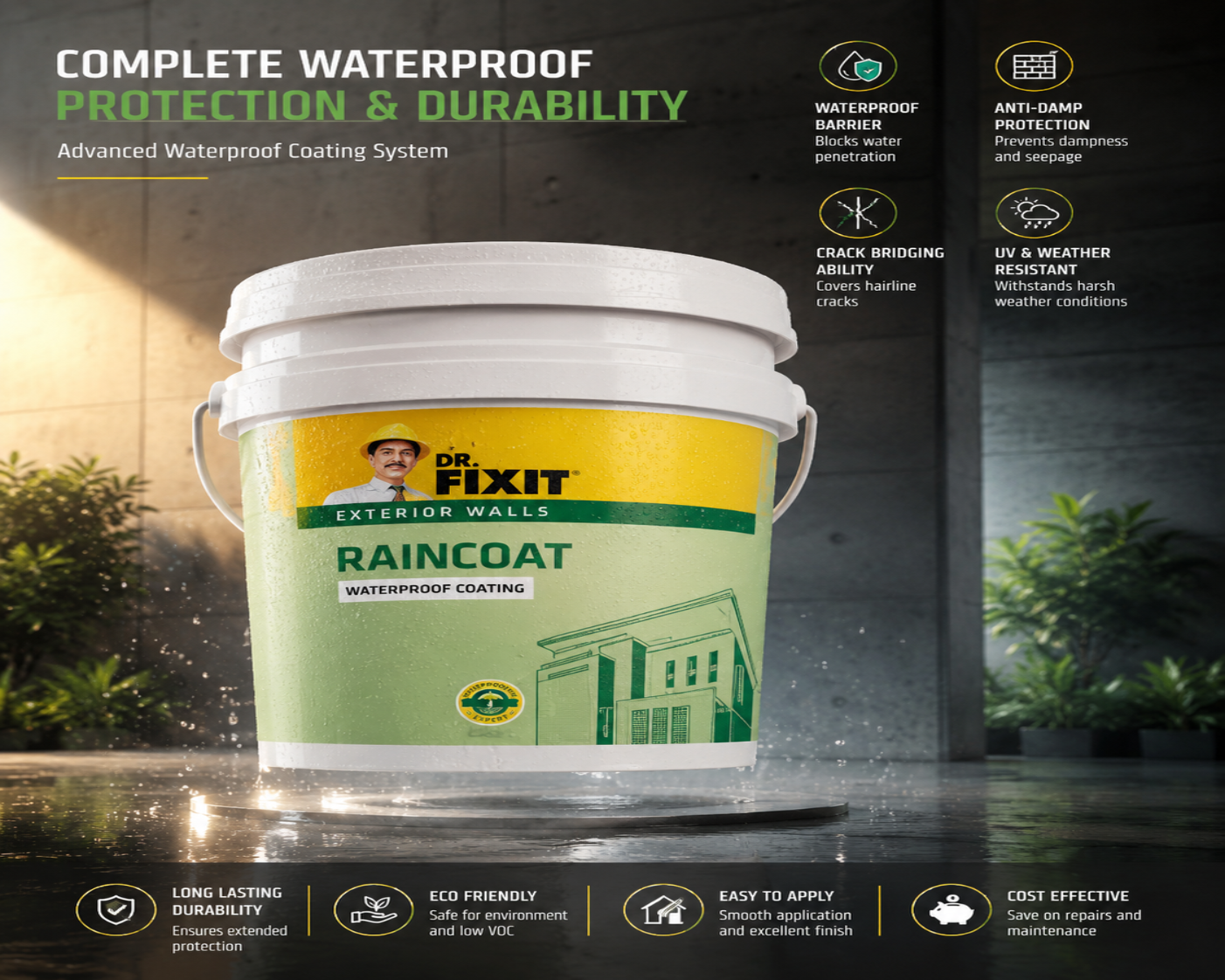 Dr. Fixit RAINCOAT WPC — elastomeric weather-proof waterproof coating for exterior wall waterproofing and wall seepage solution India
