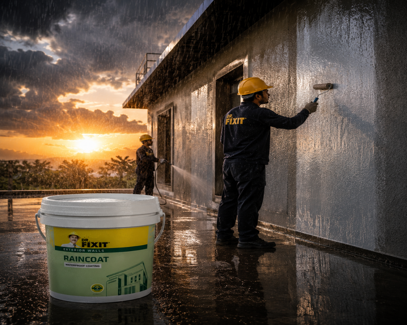Dr. Fixit RAINCOAT WPC — acrylic polymer wall waterproofing chemical that stops wall leakage and moisture ingress on building facades
