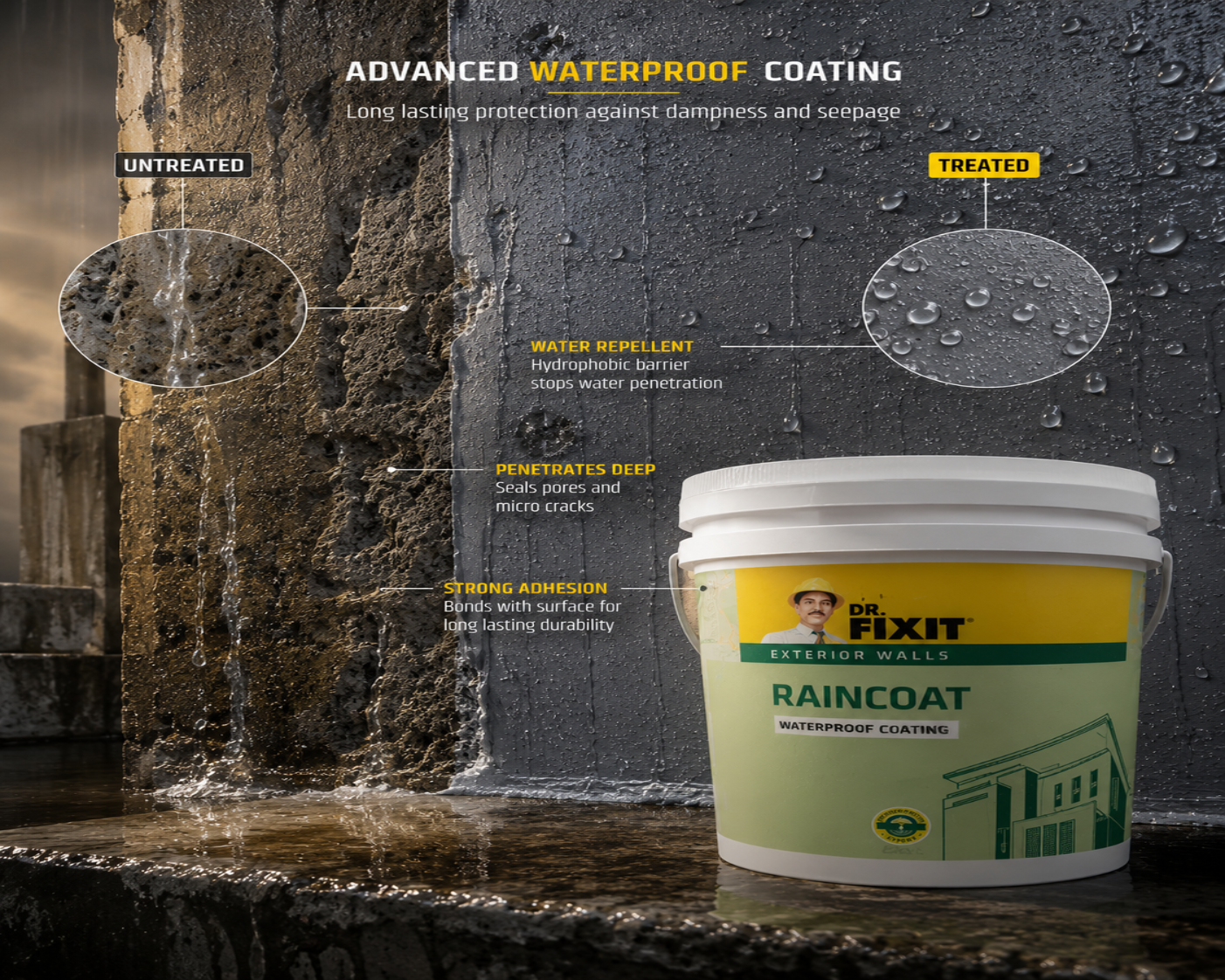 Dr. Fixit RAINCOAT WPC — UV resistant waterproof coating for exterior walls, masonry and plastered surfaces across India
