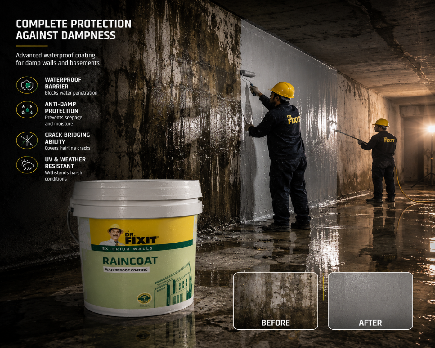 Dr. Fixit RAINCOAT WPC elastomeric coating — seamless wall waterproofing solution preventing wall seepage and rain penetration India
