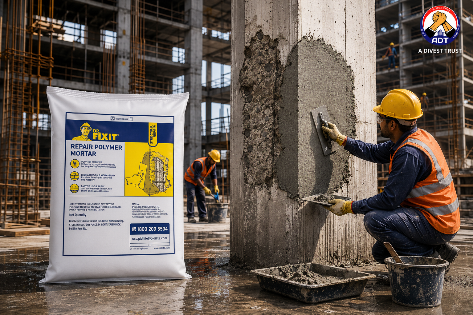 Dr Fixit Repair Polymer Mortar troweled onto spalled concrete — polymer-modified repair mortar for concrete surface restoration India