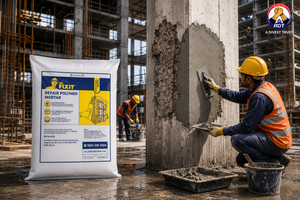 Dr Fixit Repair Polymer Mortar troweled onto spalled concrete — polymer-modified repair mortar for concrete surface restoration India