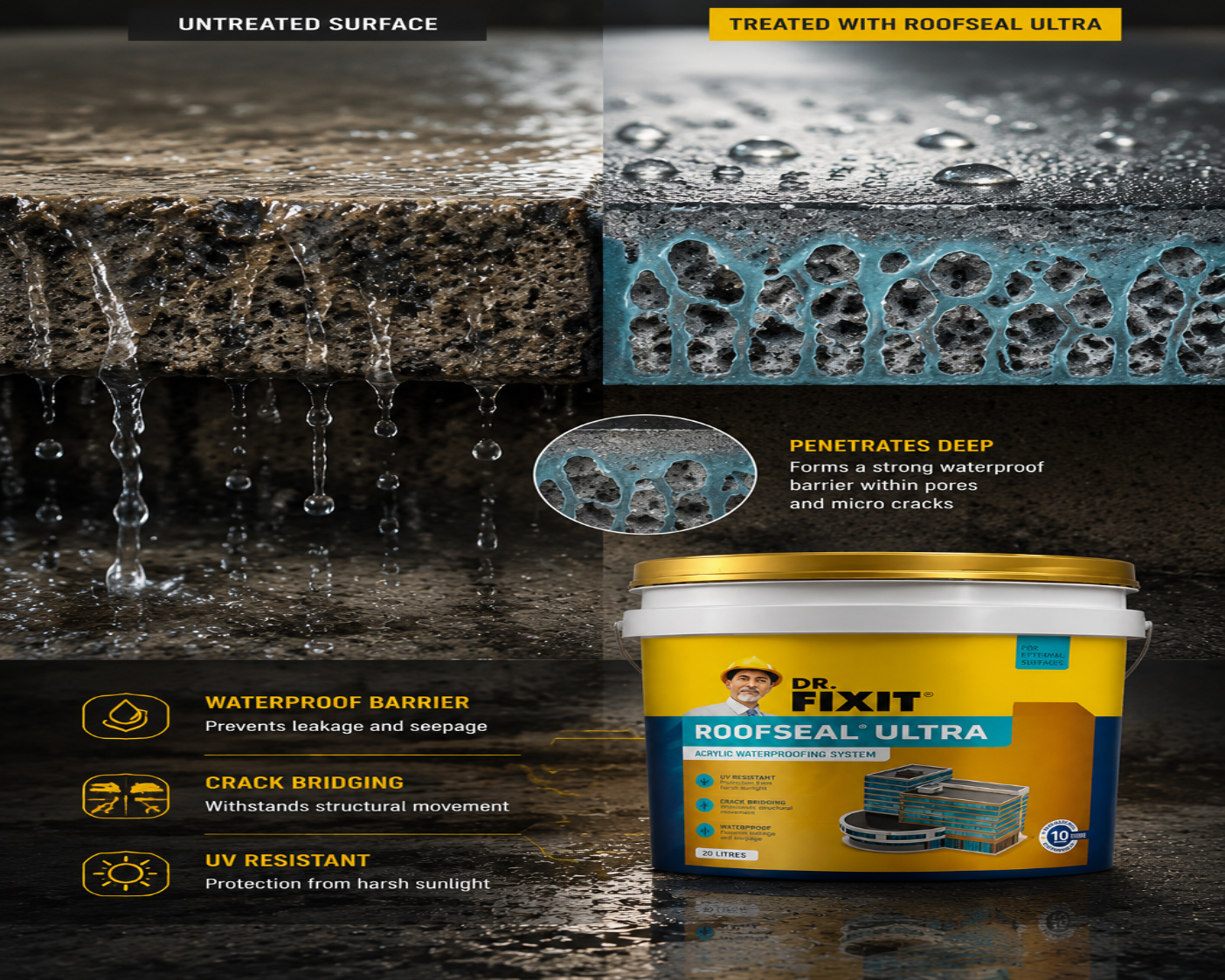 Dr. Fixit Roofseal Ultra — premium UV resistant waterproofing chemical for roof slabs, terraces and structural movement joints India
