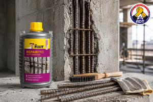 Dr. Fixit Rust Remover bottle beside corroded steel reinforcement in a concrete column awaiting repair India