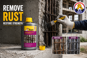 Dr. Fixit Rust Remover stripping rust from exposed reinforcement steel to restore strength before concrete repair