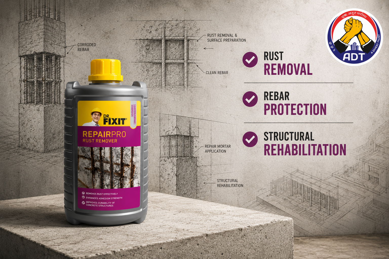 Dr. Fixit Rust Remover key features for fast rust and scale removal from reinforcement steel and rebar India