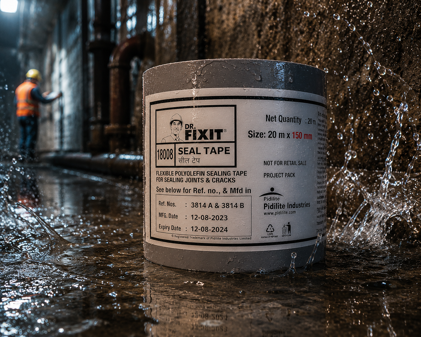 Dr Fixit Seal Tape 150MM applied on wall-to-floor junction — TPE joint sealing strip waterproofing expansion joint India

