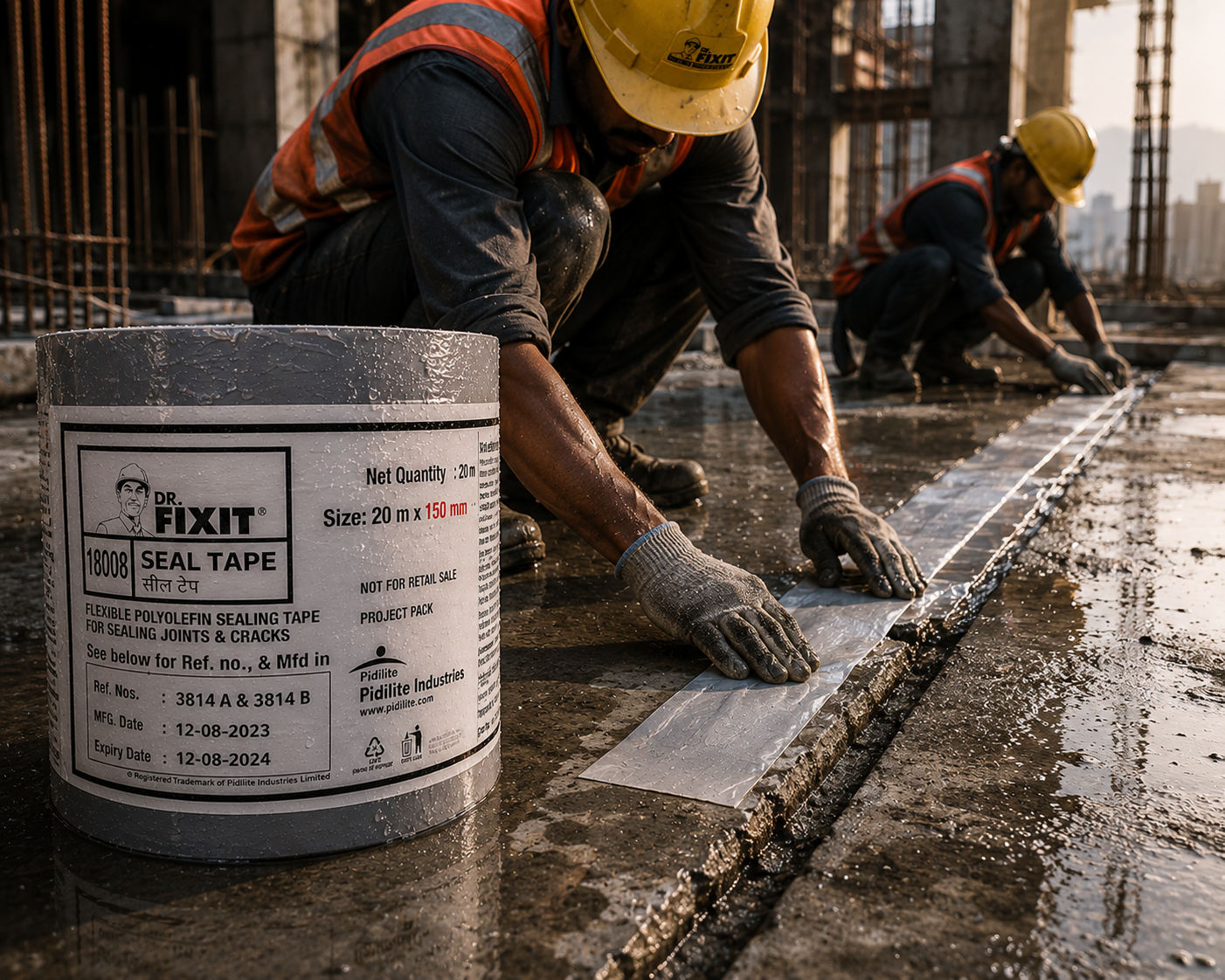 Dr Fixit Seal Tape 150MM embedded in liquid waterproofing membrane — joint sealing tape 600 percent elasticity waterproofing India
