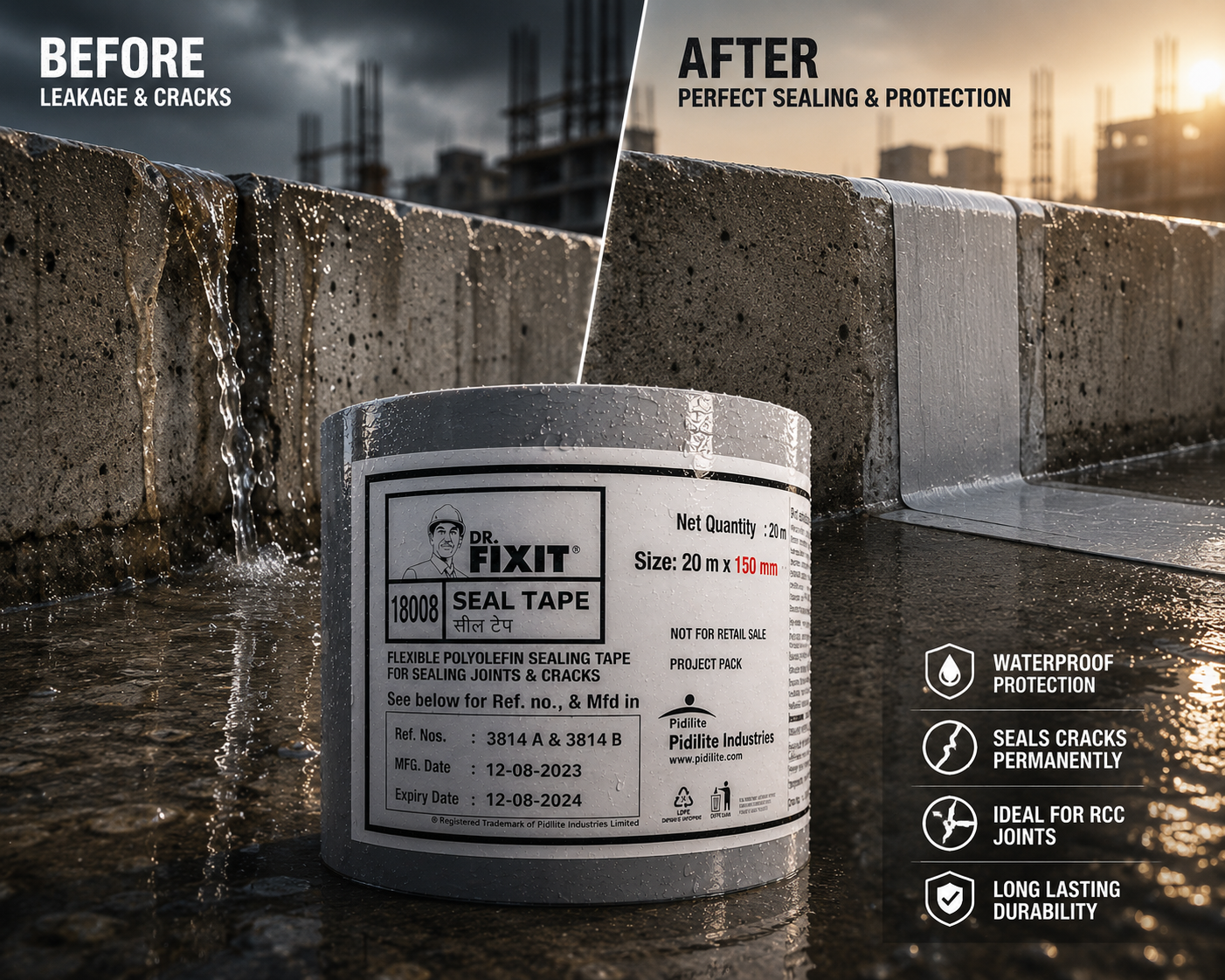 Dr Fixit Seal Tape 150MM product close up — heavy duty TPE fleece joint sealing waterproofing strip specifications India

