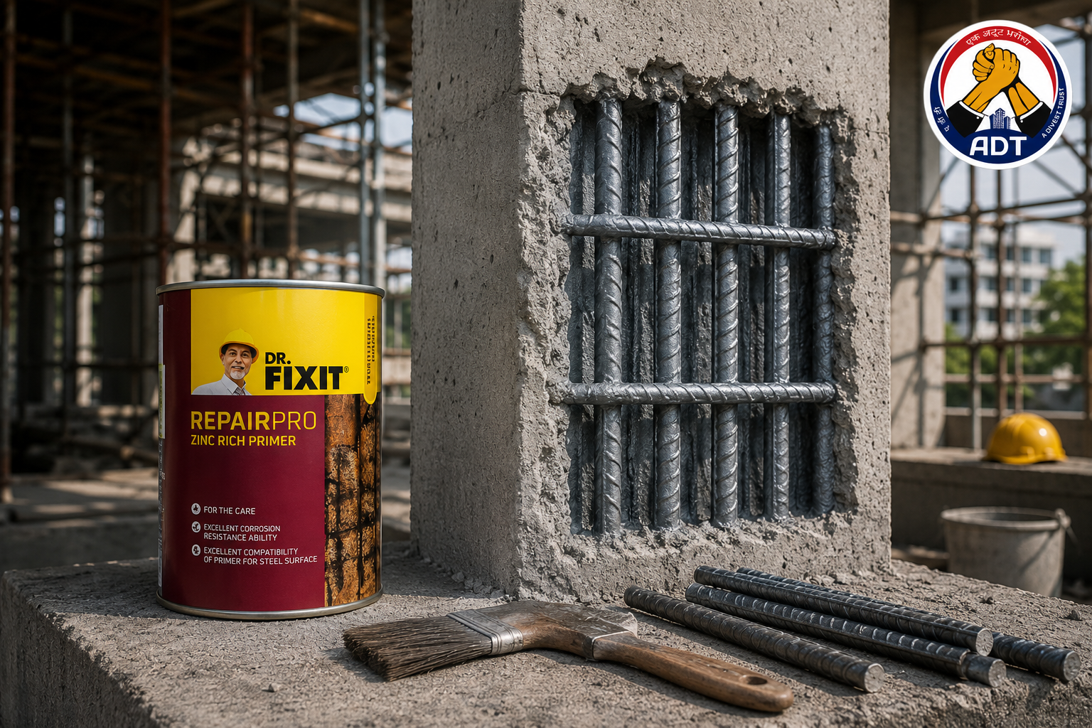 Dr. Fixit Zinc Rich Primer can beside exposed steel reinforcement in a concrete structure before corrosion protection India