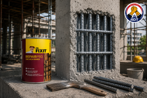Dr. Fixit Zinc Rich Primer can beside exposed steel reinforcement in a concrete structure before corrosion protection India