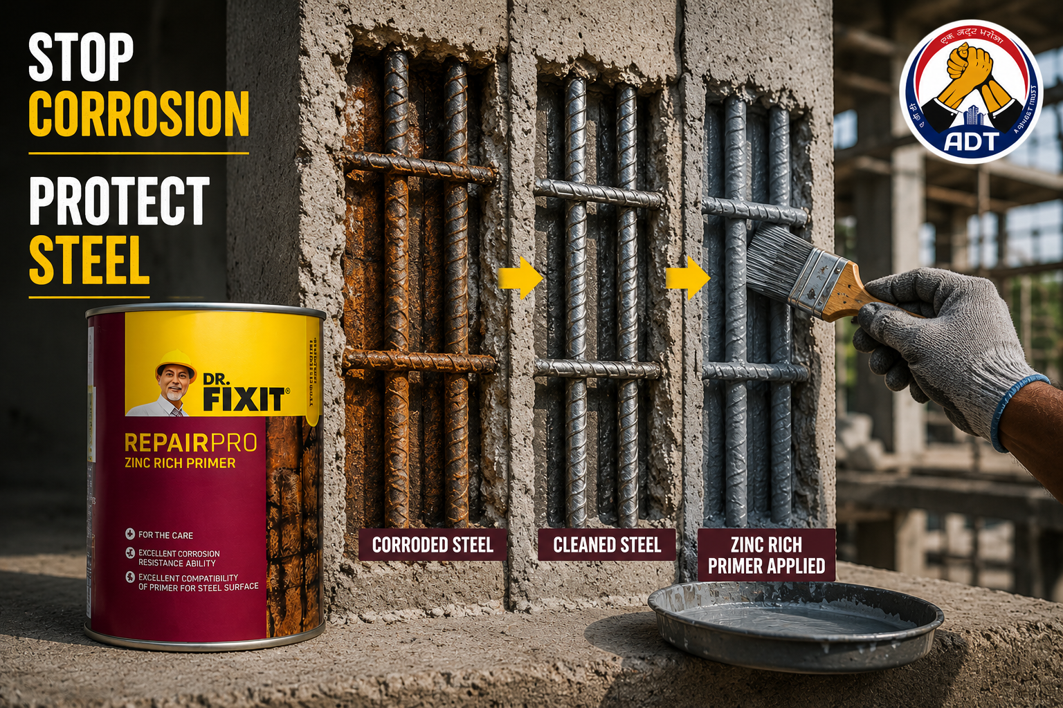 Dr. Fixit Zinc Rich Primer applied to stop corrosion and protect steel reinforcement during concrete repair India