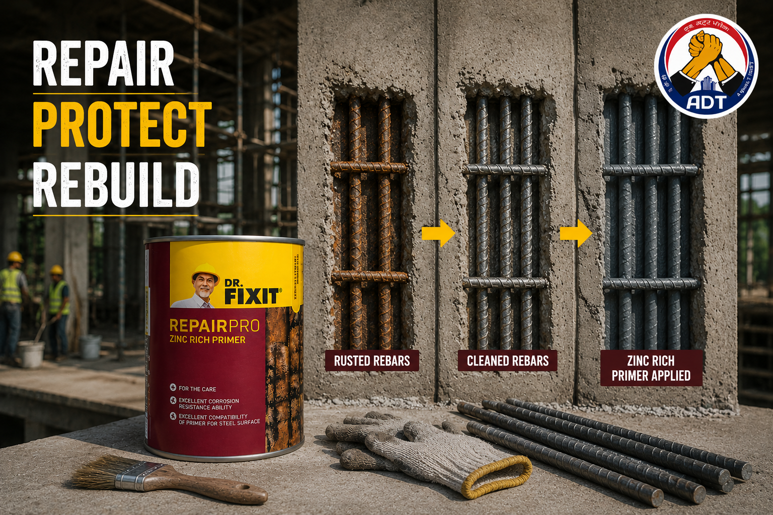Dr. Fixit Zinc Rich Primer used to repair, protect and rebuild corroded reinforced concrete structures India