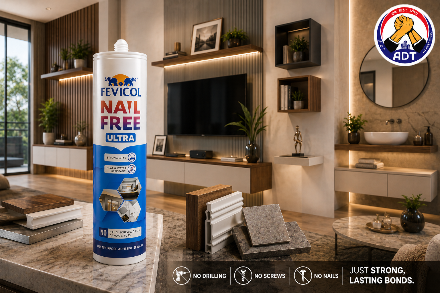 Feviseal Nail Free Ultra MS polymer high-grab adhesive sealant from Pidilite India