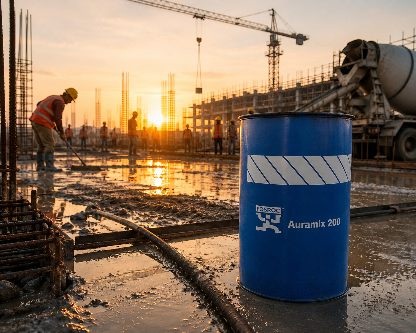 Fosroc Auramix 200 added to concrete mix — low PC superplasticizer improved workability slump retention strength India
