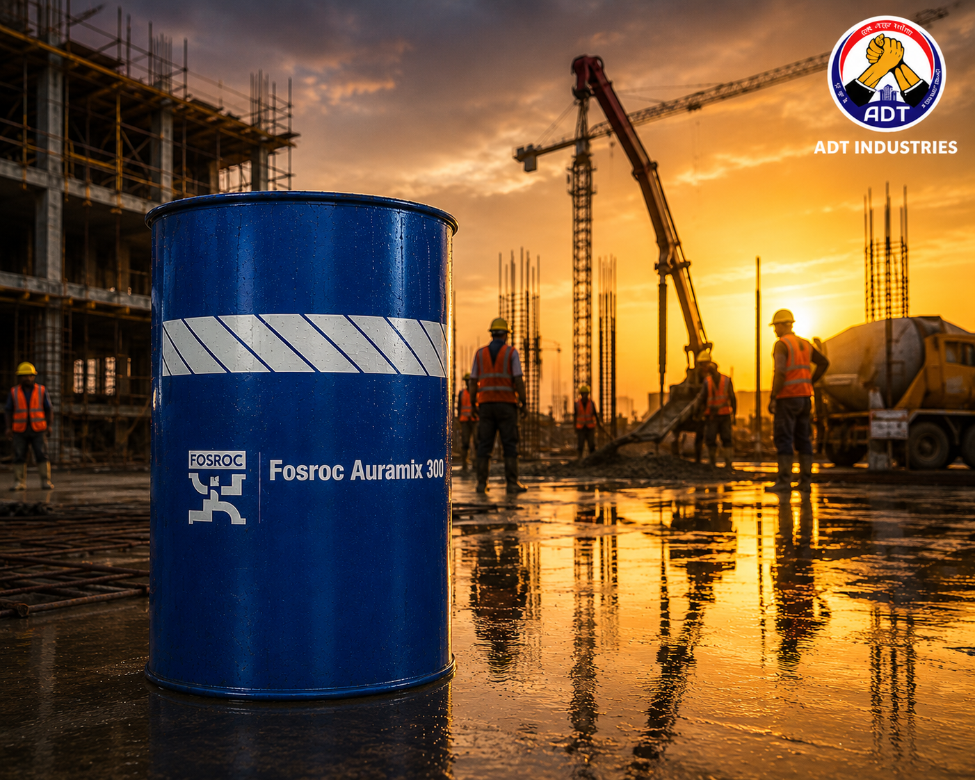 Fosroc Auramix 300 product close up — mid PC polycarboxylate superplasticizer admixture specifications Fosroc India
