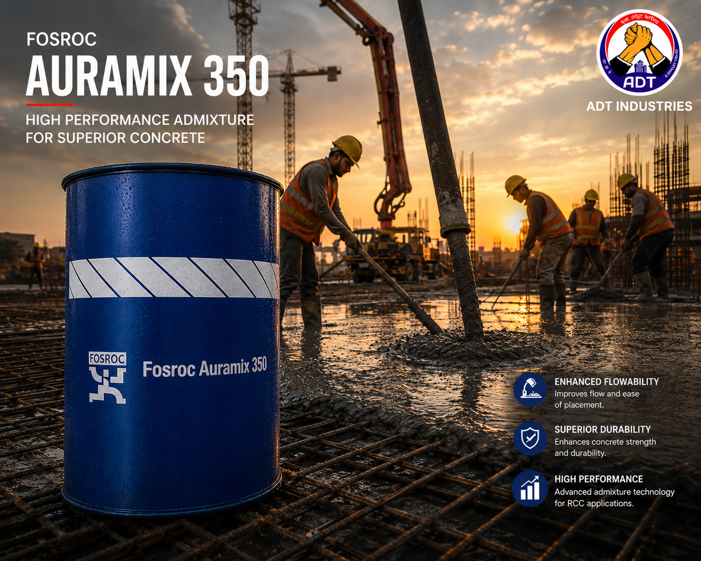 Fosroc Auramix 350 product close up — upper mid PC polycarboxylate superplasticizer admixture specifications Fosroc India

