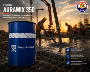 Fosroc Auramix 350 product close up — upper mid PC polycarboxylate superplasticizer admixture specifications Fosroc India
