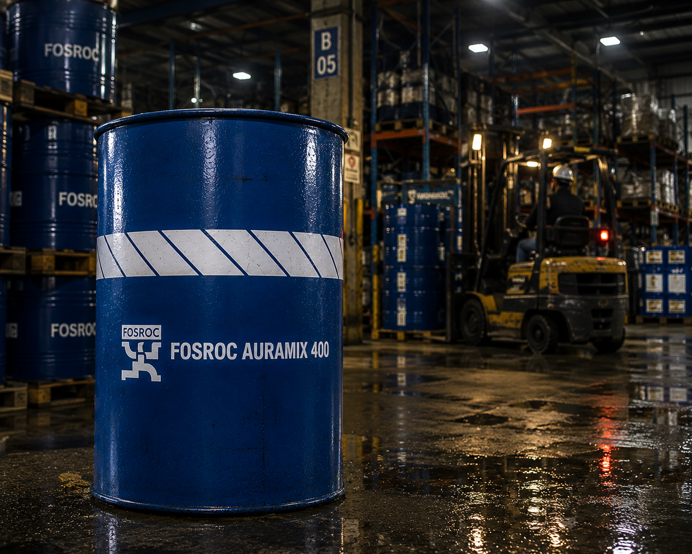 Fosroc Auramix 400 product close up — high performance mid PC polycarboxylate superplasticizer specifications Fosroc India
