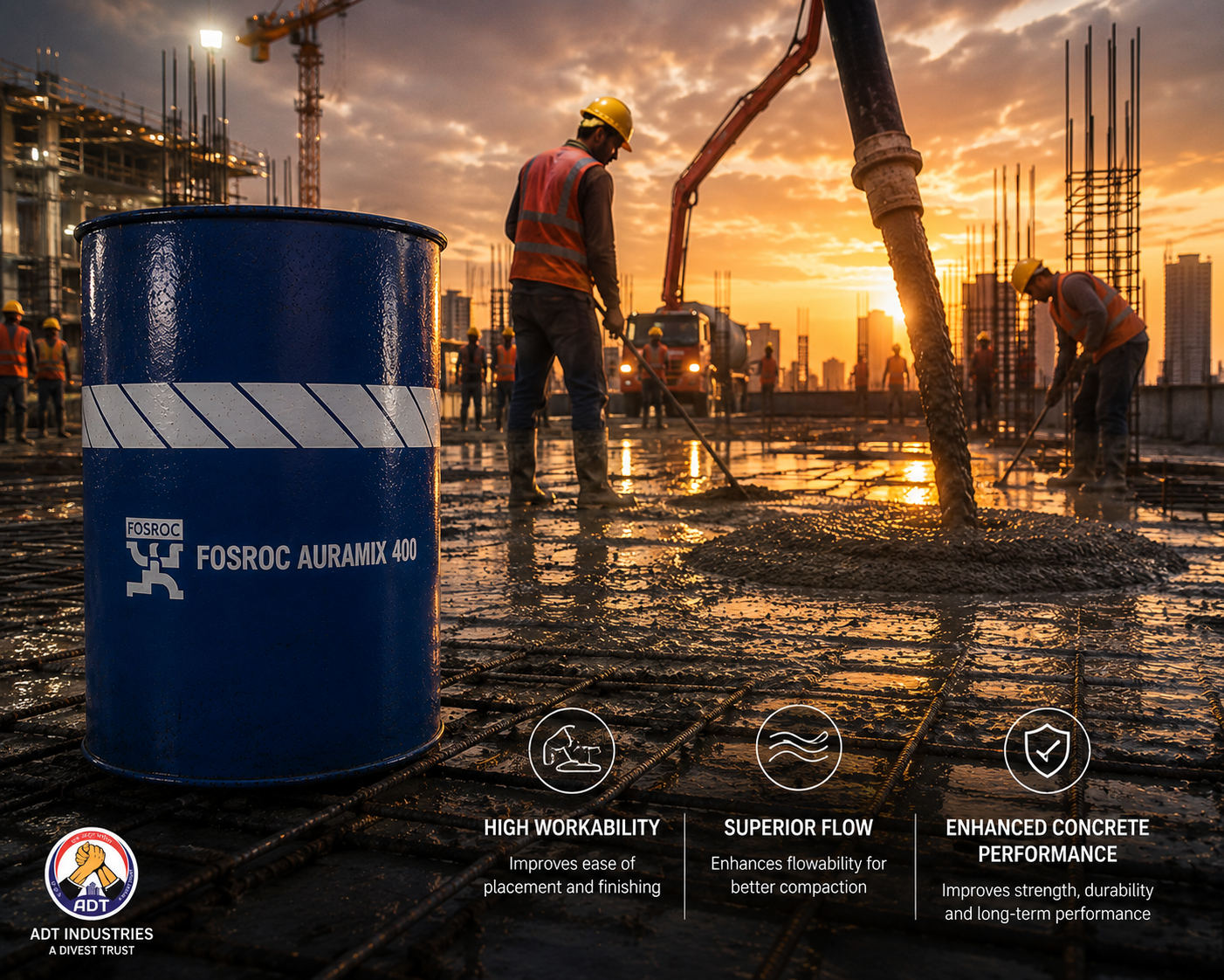 Fosroc Auramix 400 construction chemical — top-grade mid PC superplasticizer admixture concrete bleeding segregation water reduction India