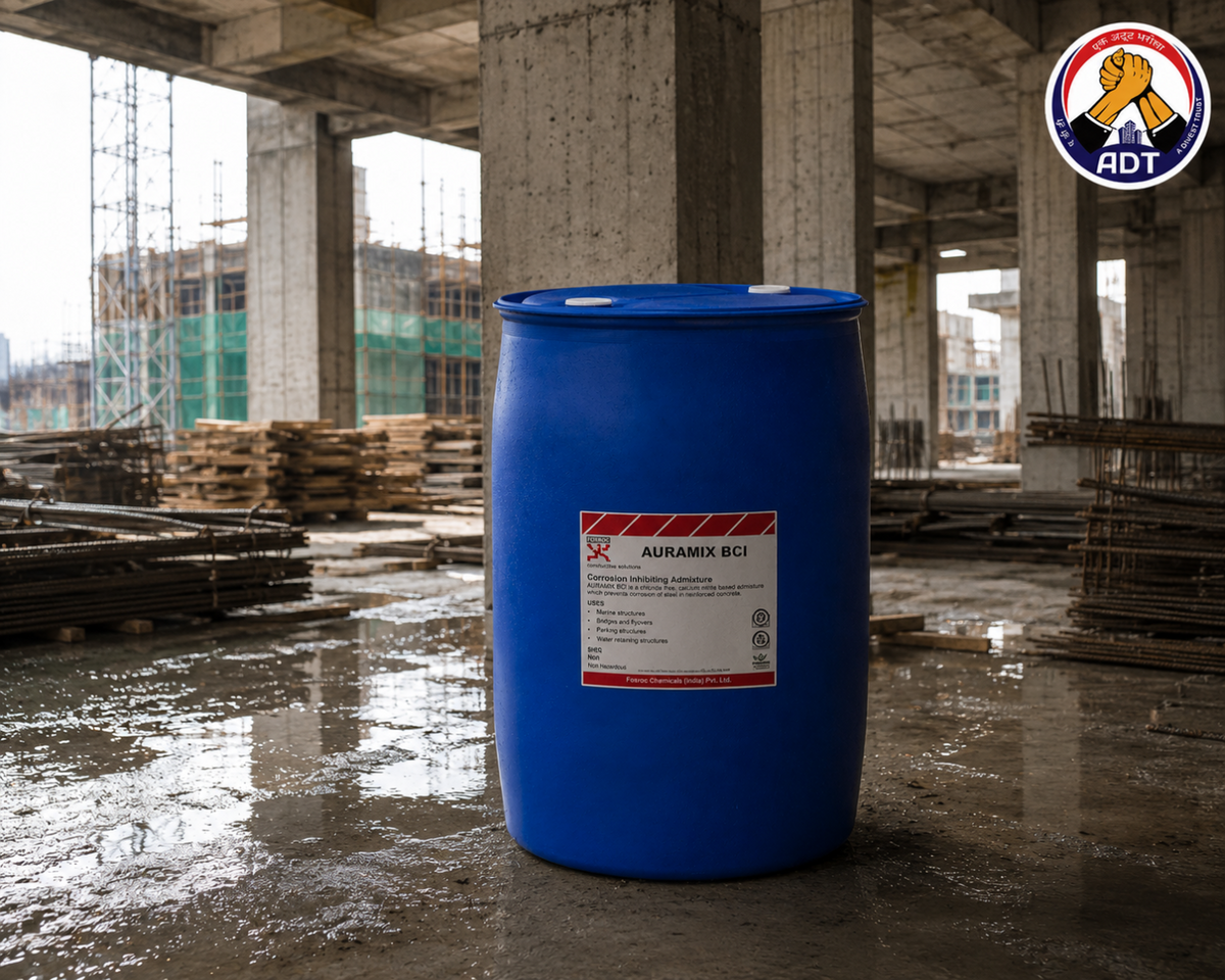 Fosroc Auramix BCI added to concrete mix — corrosion inhibitor protecting steel reinforcement from chloride attack India
