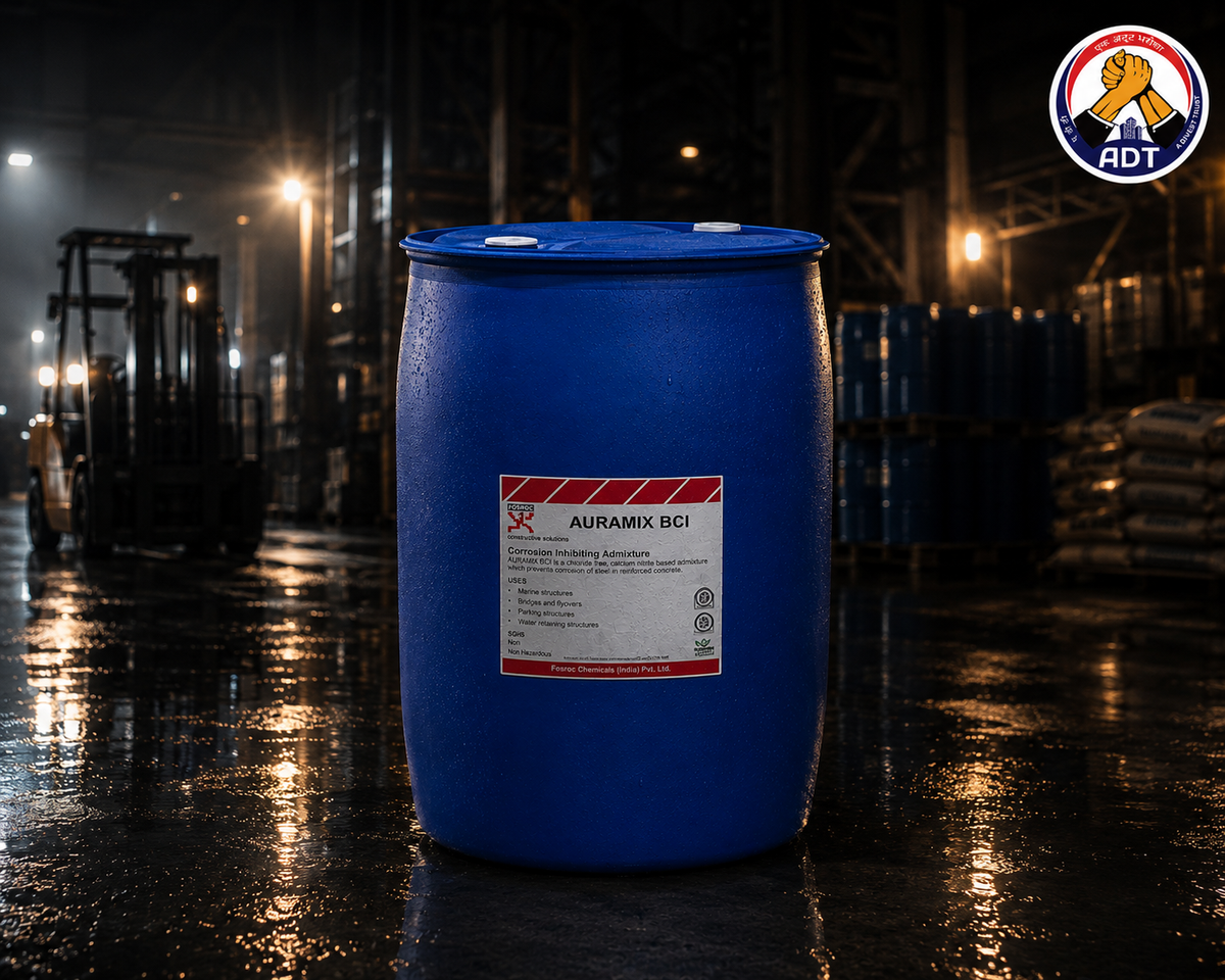 Fosroc Auramix BCI product close up — corrosion inhibitor admixture specifications Fosroc India

