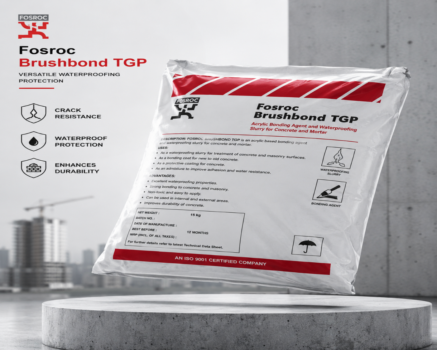 Fosroc Brushbond TGP — crystalline waterproofing material by Fosroc Chemicals India for permanent concrete and masonry waterproofing




