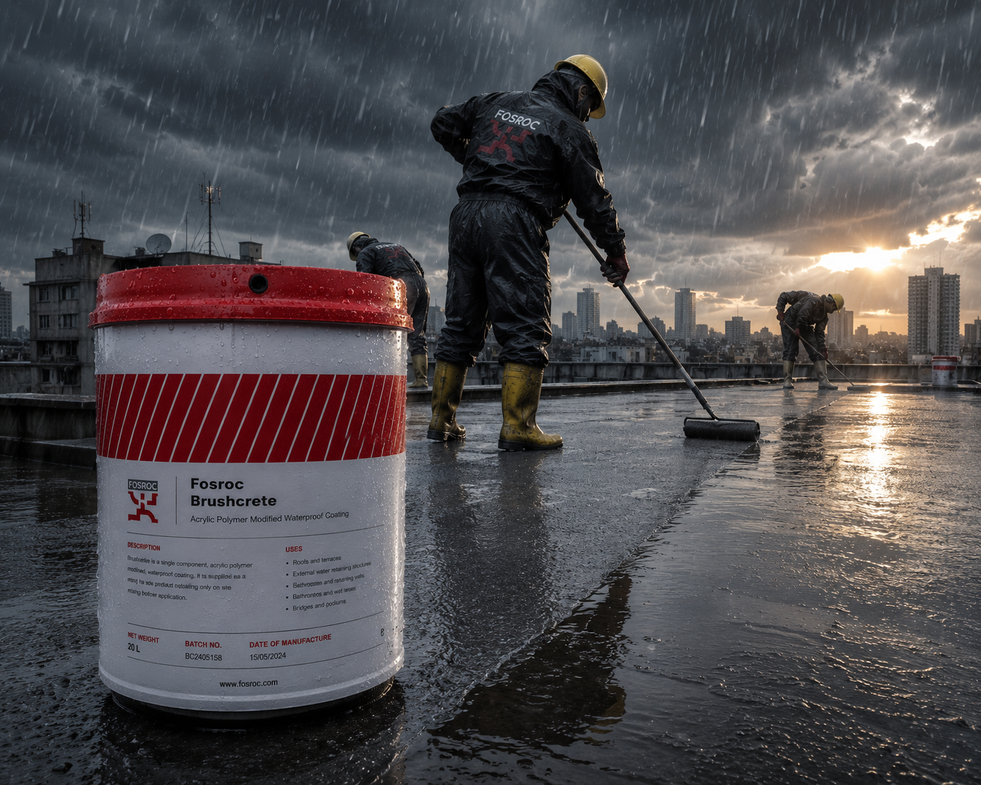 Fosroc Brushcrete — brush-applied waterproofing chemical that forms a tough flexible membrane against water ingress and dampness




