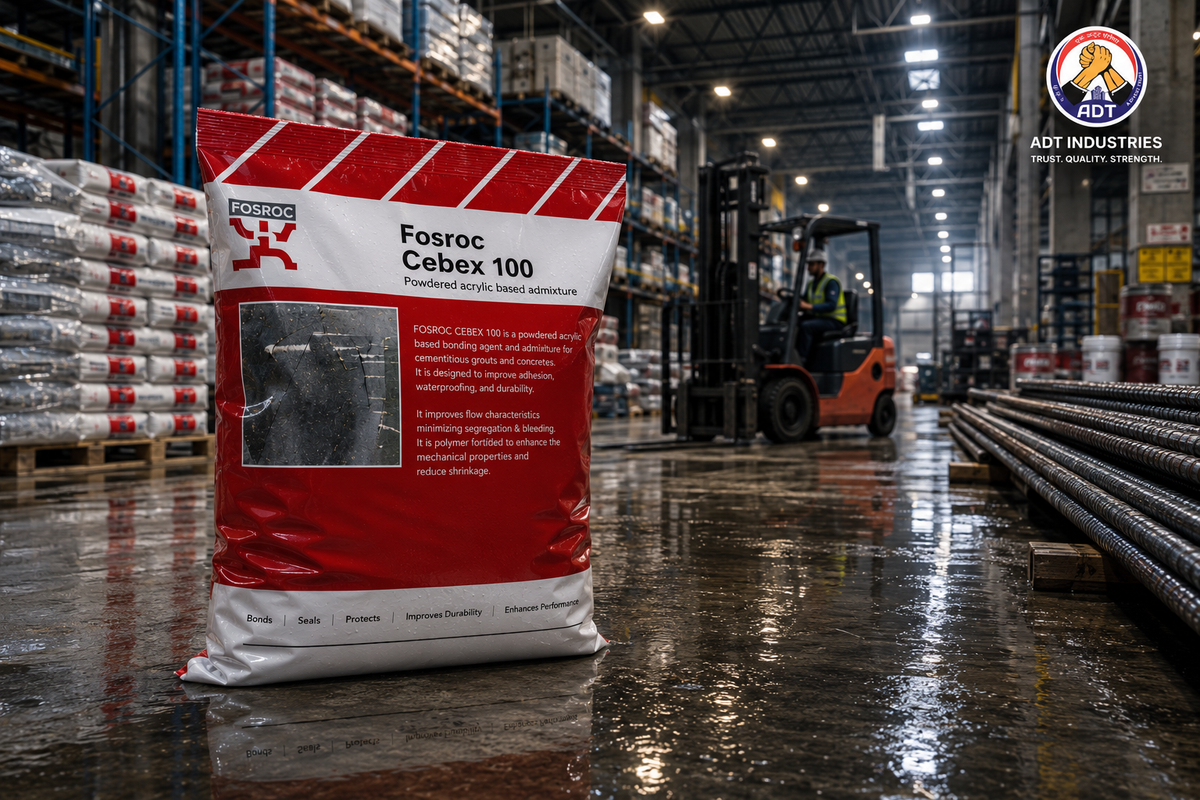Cement grout admixture CEBEX 100 being added to grouting compound mix on site — void-free grouting application India
