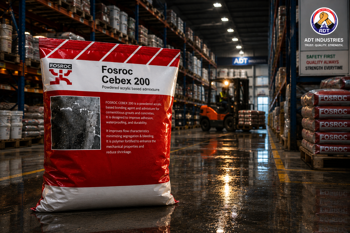 Cement grout admixture Cebex 200 being added to grouting compound mix on site — heavy-duty grouting application India

