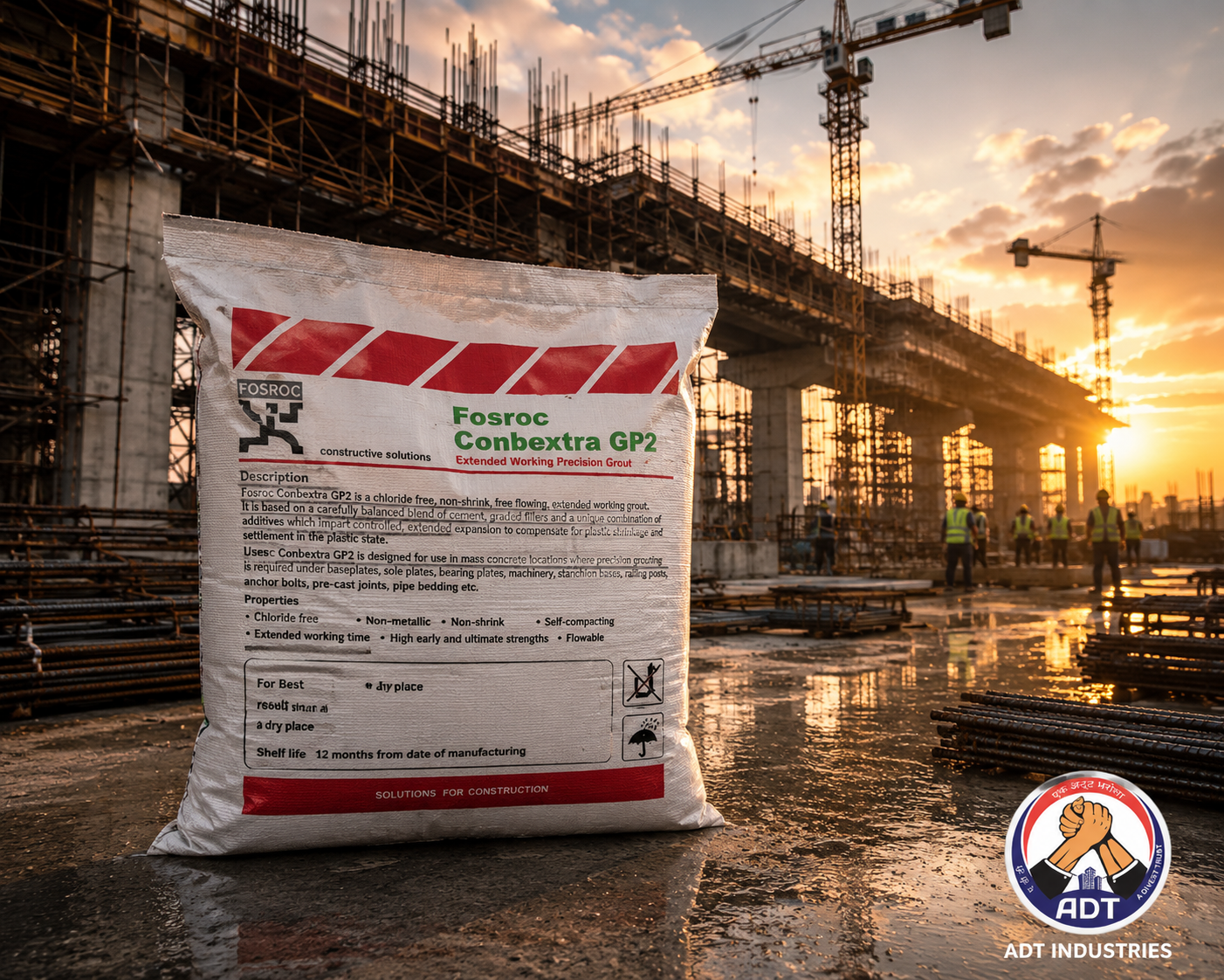 Fosroc Conbextra GP2 non-shrink general purpose cement grout — machine base anchor bolt column base plate structural grouting India