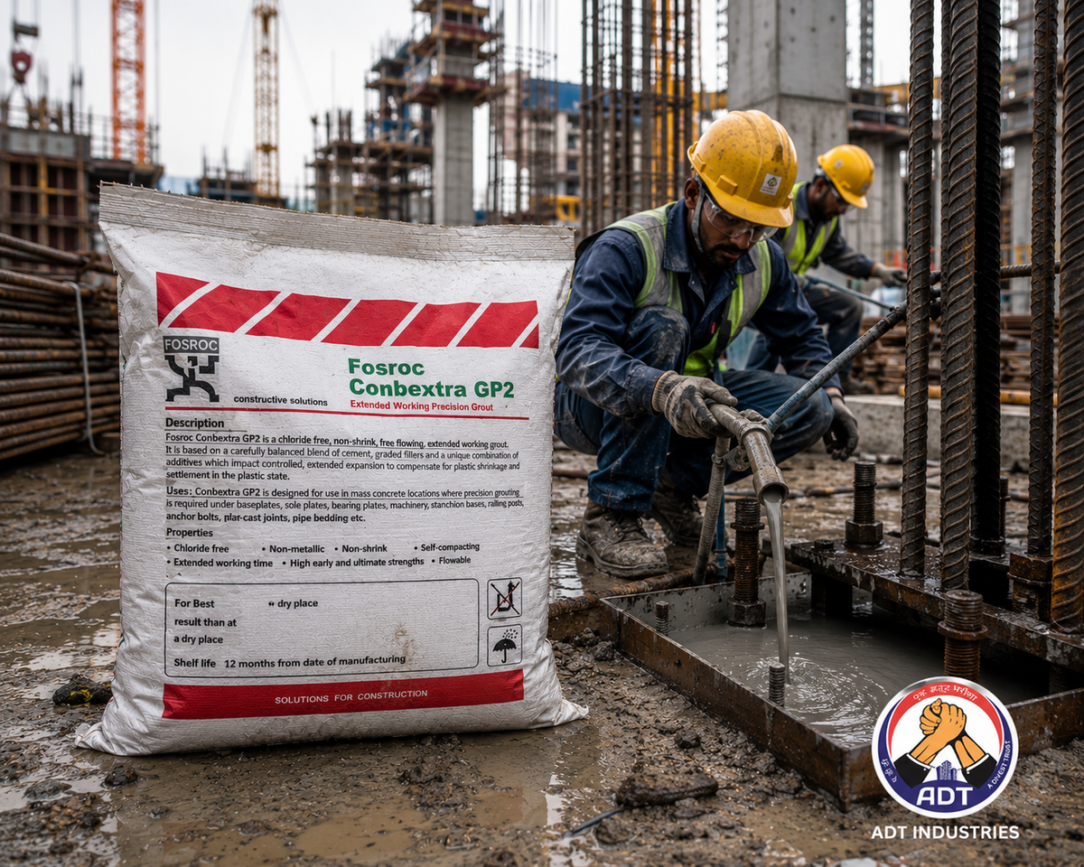Fosroc Conbextra GP2 poured into column base plate gap — non-shrink cement grout flowable consistency precision grouting India