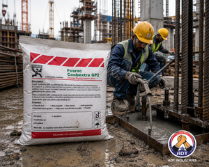 Fosroc Conbextra GP2 poured into column base plate gap — non-shrink cement grout flowable consistency precision grouting India