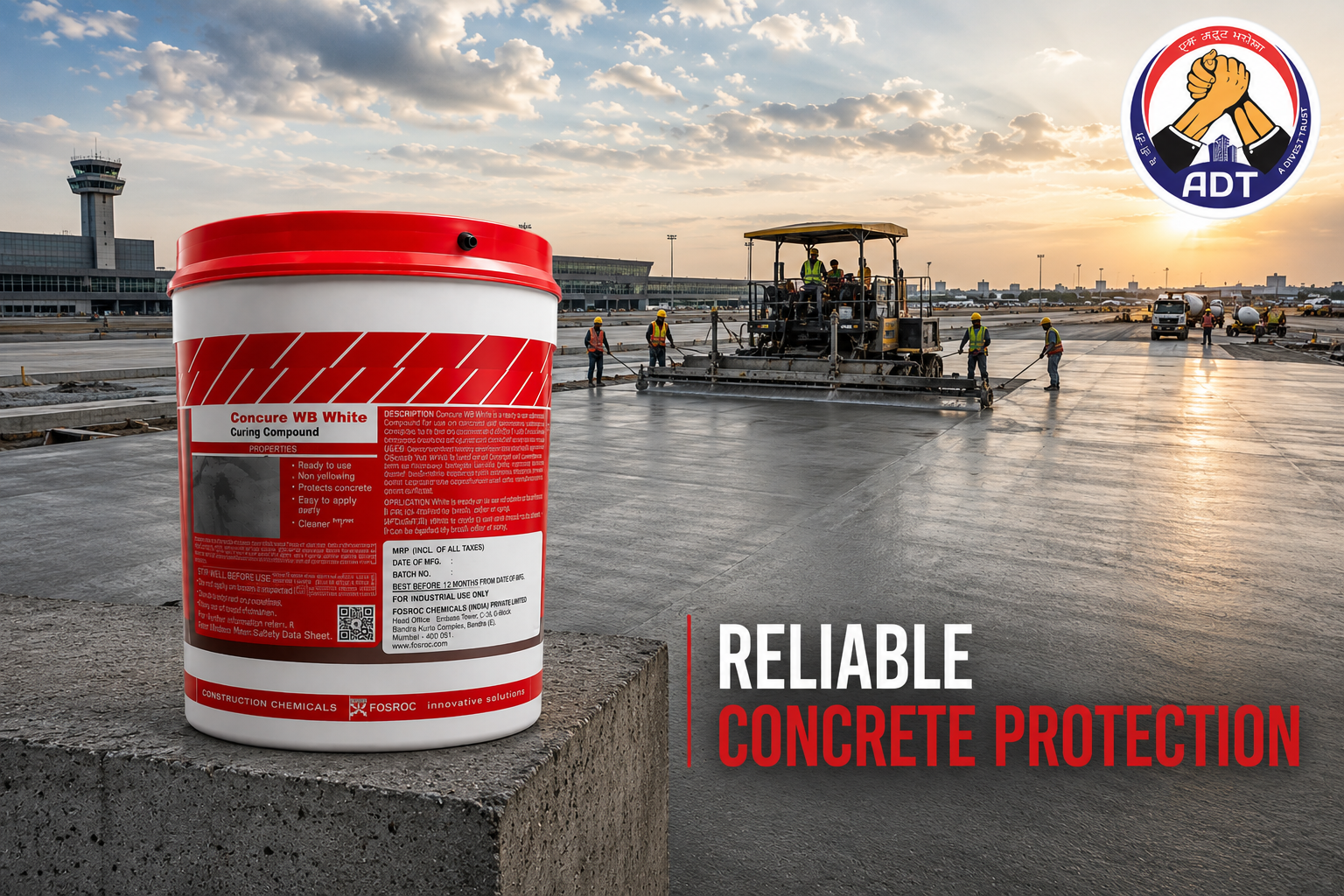 Fosroc Concure WB White white emulsion forming a curing membrane on fresh concrete