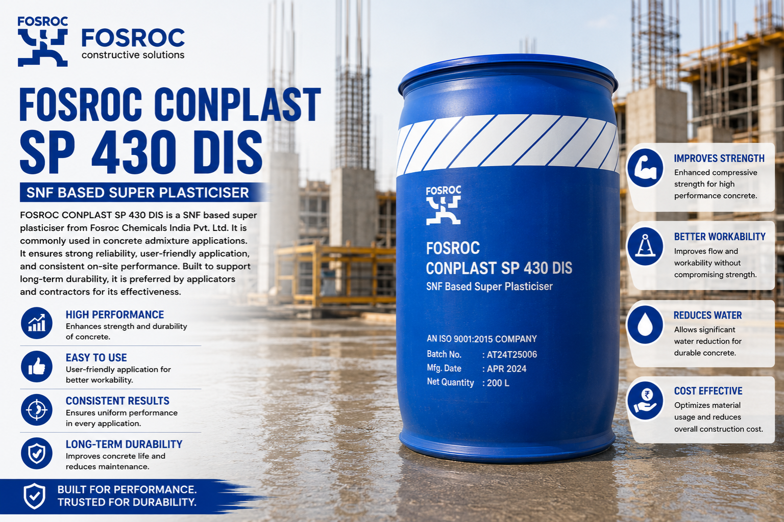 Fosroc Conplast SP 430 DIS SNF-based superplasticiser infographic showing features and uses

