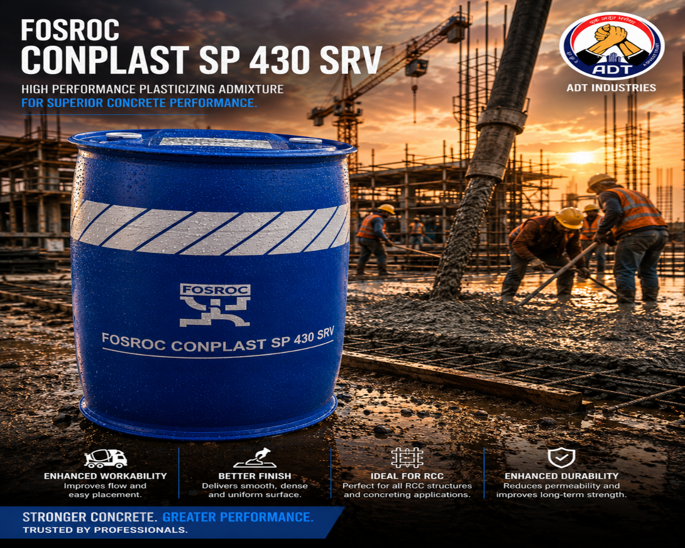 Fosroc Conplast SP430 SRV product close up — SNF slump-retaining superplasticizer admixture specifications Fosroc India
