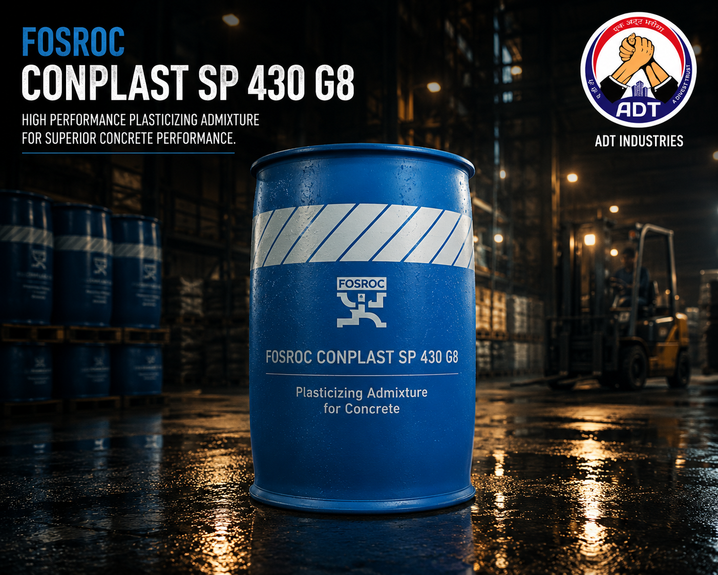 Fosroc Conplast SP430G8 added to concrete mix — SNF superplasticizer reducing water content improving concrete strength India
